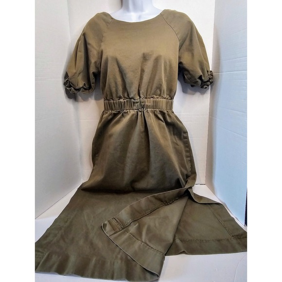 Line and Dot Olive Green Midi Dress Puff Sleeve Elastic Waist X Back SZ M Twill - Picture 1 of 13